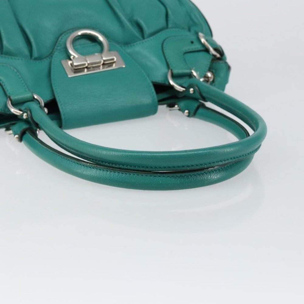 Authentic Salvatore Ferragamo Gancini Shoulder Bag Leather Green Silver - Picture 14 of 16